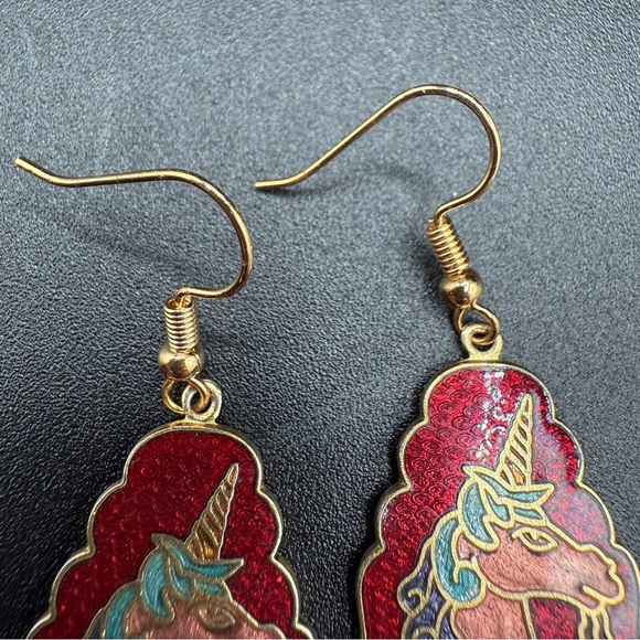 Rare Unicorn Cloisonne Dangle Earrings - Red, Gold, Blue - Picture 4 of 8